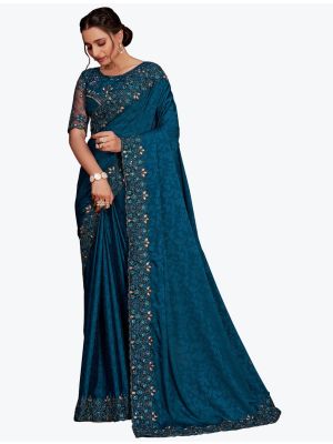 Dark Teal Jacquard Self Pure Chinon Party Wear Designer Saree small FABSA21754
