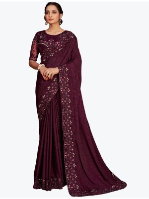 Dark Wine Jacquard Self Pure Chinon Party Wear Designer Saree small FABSA21753