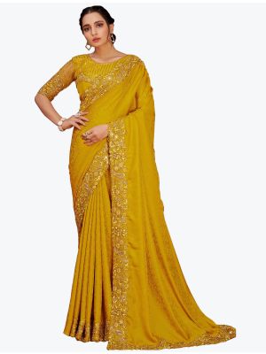 Mustard Yellow Jacquard Self Pure Satin Party Wear Designer Saree small FABSA21759