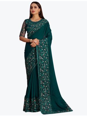 Peacock Green Premium Satin Georgette Party Wear Designer Saree small FABSA21746