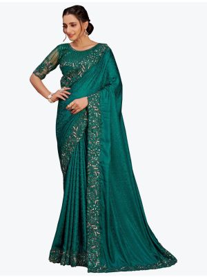 Rama Green Jacquard Self Pure Satin Party Wear Designer Saree small FABSA21757