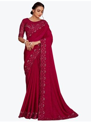 Reddish Pink Jacquard Self Pure Chinon Party Wear Designer Saree small FABSA21755
