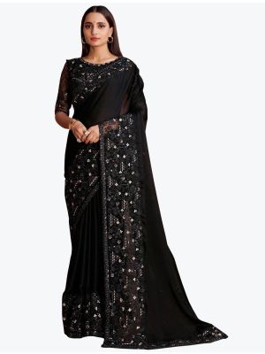 Rich Black Premium Satin Georgette Party Wear Designer Saree small FABSA21744