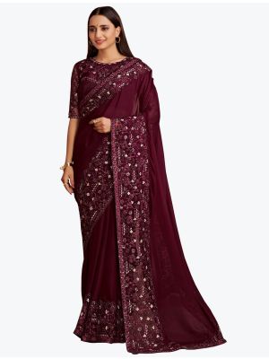 Rich Wine Premium Satin Georgette Party Wear Designer Saree small FABSA21747