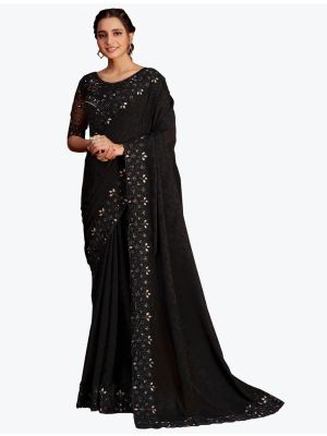 Royal Black Jacquard Self Pure Chinon Party Wear Designer Saree small FABSA21752