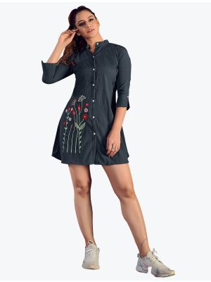 greyish black italiya lycra embroidered button down tunic  swatch fabku20591