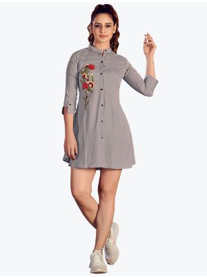 light grey italiya lycra embroidered button down tunic  swatch fabku20588