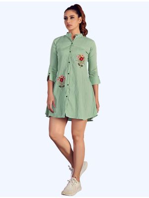 mint green italiya lycra embroidered button down tunic  swatch fabku20587