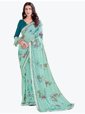 Ice Blue Printed Brasso Saree With Diamond Work small FABSA21793