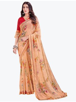 Light Peach Printed Brasso Saree With Diamond Work small FABSA21794