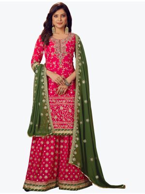 Deep Pink Faux Georgette Embroidered Designer Palazzo Suit small FABSL21077