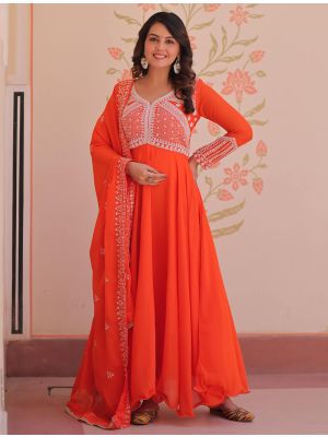 vibrant coral orange star georgette anarkali gown with dupatta fabgo20445