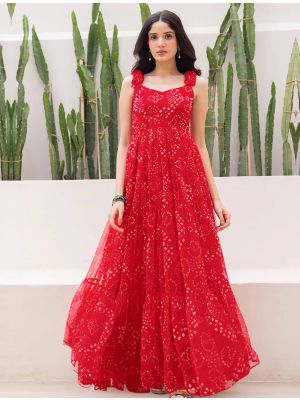 vibrant red georgette digital printed flared gown   fabgo20382
