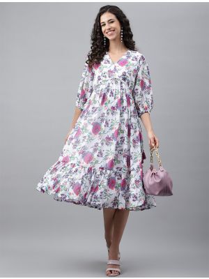 vibrant white georgette printed trendy frock fabku20874