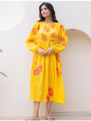 vibrant yellow kota checks digital printed frock swatch fabku21152