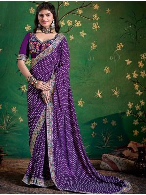 Violet Georgette Printed Saree With Embroidery