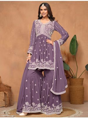 Violet Georgette Semi Stitched Embroidered Sharara Suit small FABSL21880