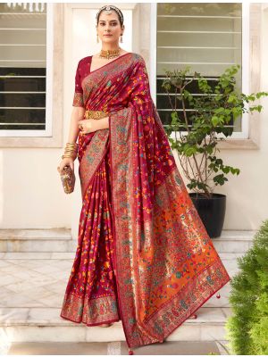 Vivid Burgundy Velvet Tussar Silk Ethnic Saree