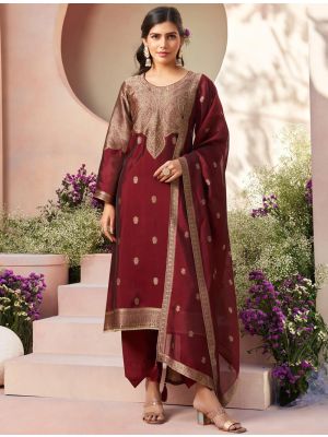 Vivid Maroon Silk Jacquard Elegant Salwar Kameez small FABSL22169