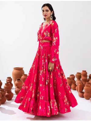 vivid pink airtex chinon stylish crop top with maxi skirt fabku21030