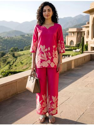 vivid pink rayon blend digital printed co ord set fabku21303