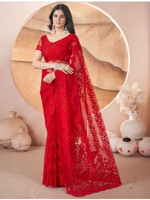 Vivid Red Butterfly Net Embroidered Saree