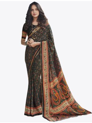 Black Satin Crape Designer Saree small FABSA20759