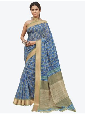 Blue Linen Cotton Designer Saree small FABSA20667