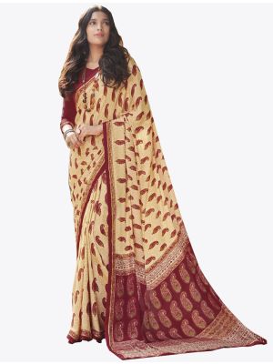 Cream Satin Crape Designer Saree small FABSA20743