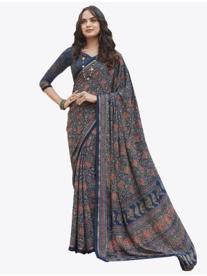 Dark Blue Satin Crape Designer Saree small FABSA20744