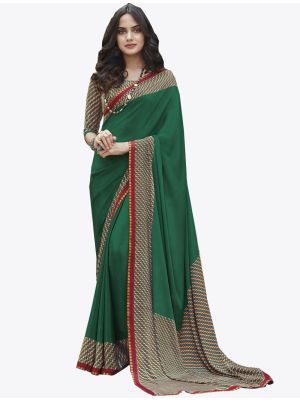 Dark Green Satin Crape Designer Saree small FABSA20756