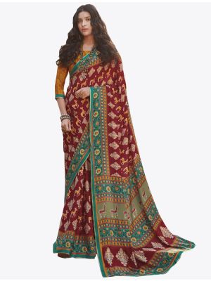 Dark Red Satin Crape Designer Saree small FABSA20746