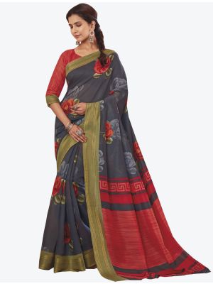 Grey Linen Cotton Designer Saree small FABSA20664