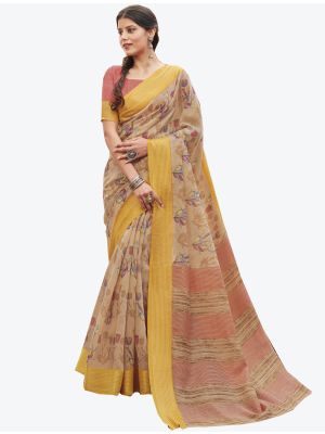 Light Brown Linen Cotton Designer Saree small FABSA20668