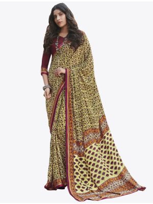 Light Yellow Satin Crape Designer Saree small FABSA20748
