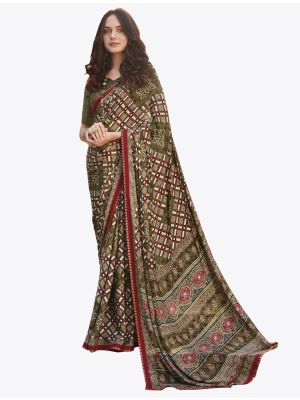 Mehndi Green Satin Crape Designer Saree small FABSA20745