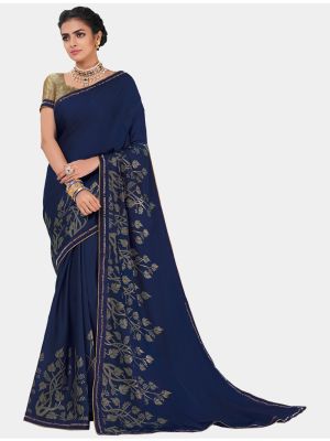 Navy Blue Chiffon Dyed Gold Foil fabric Designer Saree small FABSA20687