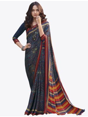 Navy Blue Satin Crape Designer Saree small FABSA20747