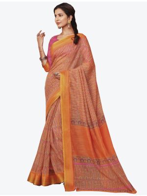 Orange Linen Cotton Designer Saree thumbnail FABSA20670