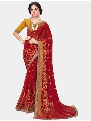 Red Chiffon Brasso Designer Saree small FABSA20706