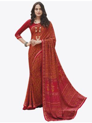 Red Satin Crape Designer Saree small FABSA20749