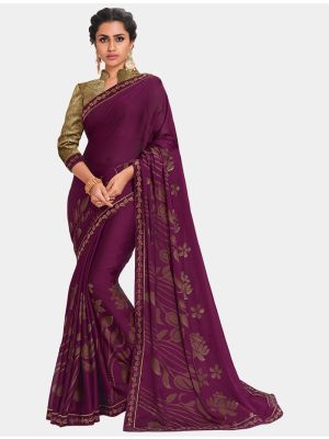 Wine Chiffon Dyed Gold Foil fabric Designer Saree small FABSA20690