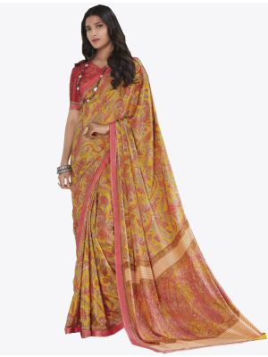 Yellow Satin Crape Designer Saree small FABSA20760