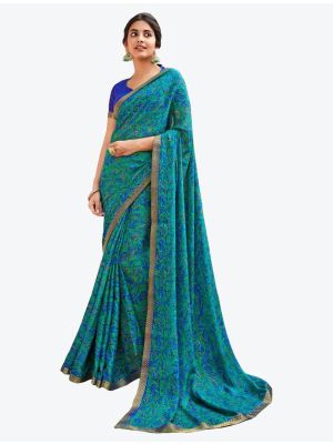 Bluish Green Printed Soft Chiffon Designer Saree small FABSA21106