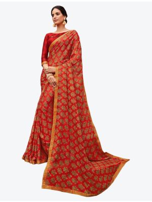 Bright Red Printed Soft Chiffon Designer Saree small FABSA21110