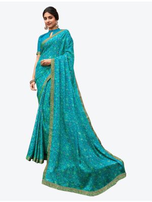 Cyan  Printed Soft Chiffon Designer Saree small FABSA21109