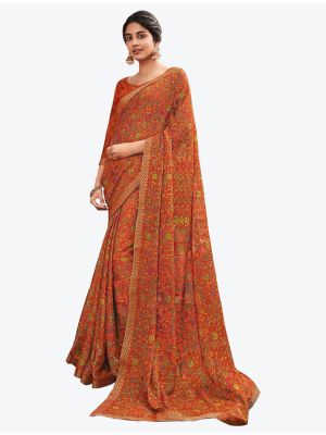 Deep Orange Printed Soft Chiffon Designer Saree small FABSA21103