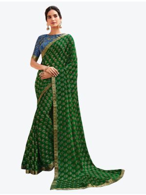 Lush Green Printed Soft Chiffon Designer Saree small FABSA21104