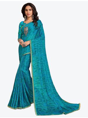 Ocean Blue Printed Soft Chiffon Designer Saree small FABSA21111