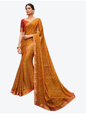 Royal Yellow Printed Soft Chiffon Designer Saree small FABSA21107